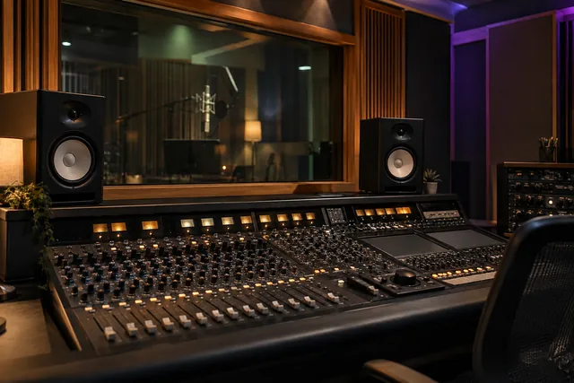 Recording studio mixing console, monitor speakers and acoustic treatment