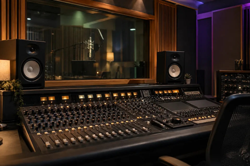 Recording studio mixing console, monitor speakers and acoustic treatment