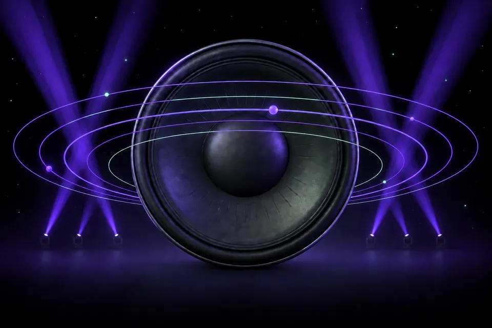 Charcoal speaker with horizontal purple sound orbits, mint accents and symmetrical purple stage light beams