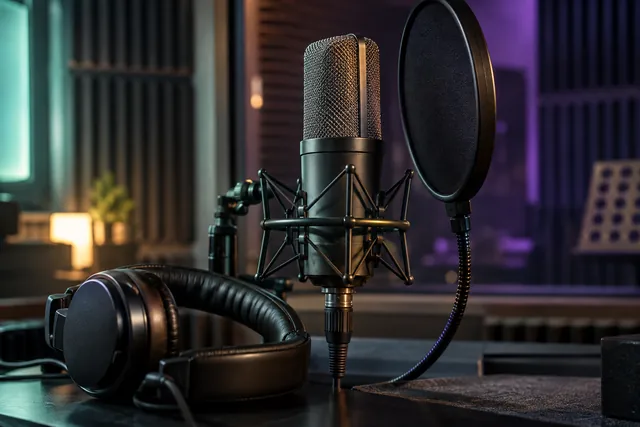 Condenser microphone, pop filter and headphones for voice-over recording